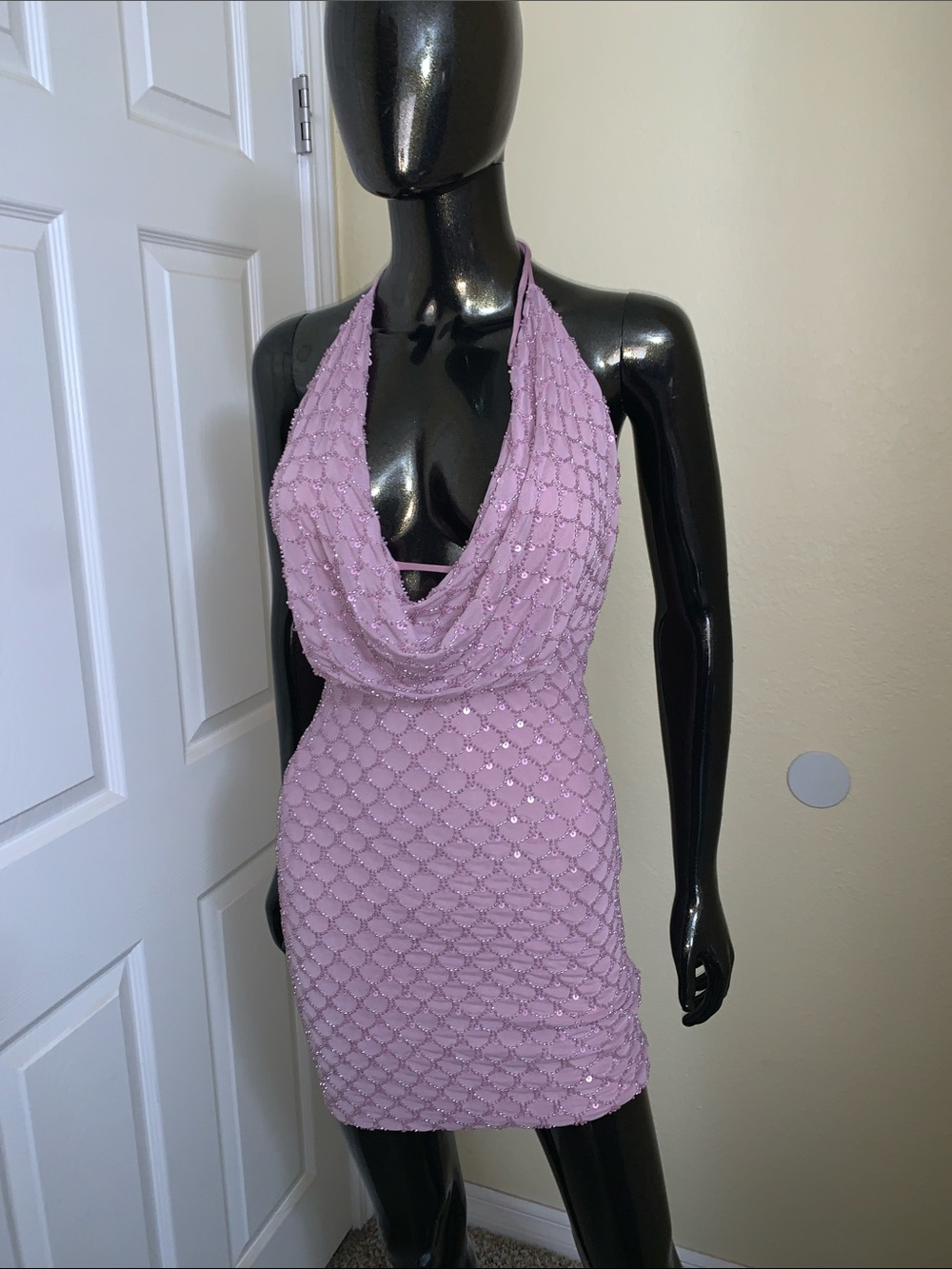 The Vintage Shop Lilac Sequin Halter Cowl Mini Dress, Size Small
